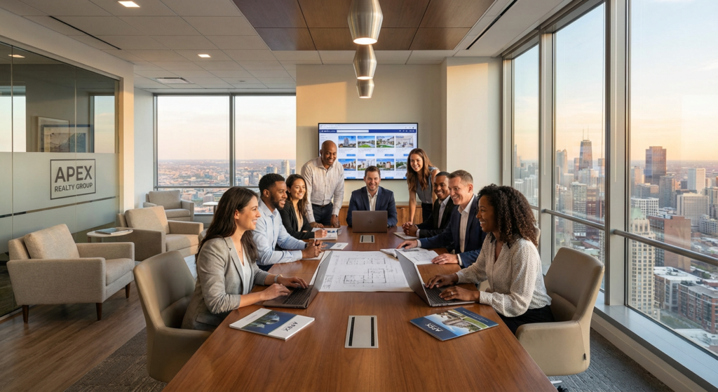 A diverse team of real estate agents collaborating in a modern brokerage office with city skyline views