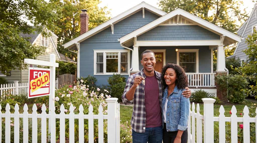 Couple celebrating with keys in front of their new home with a "SOLD" sign