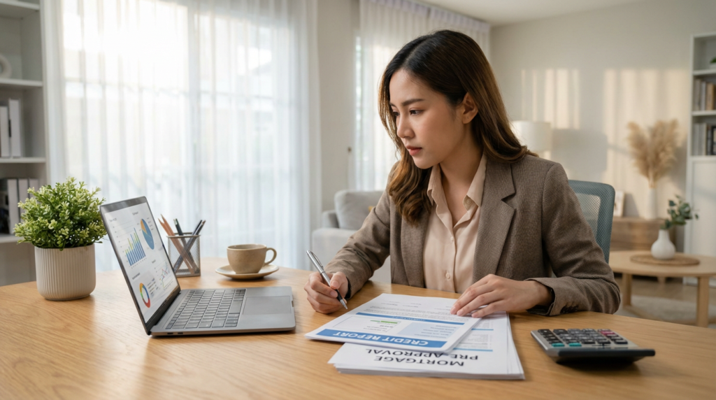 Woman planning finances and reviewing credit reports