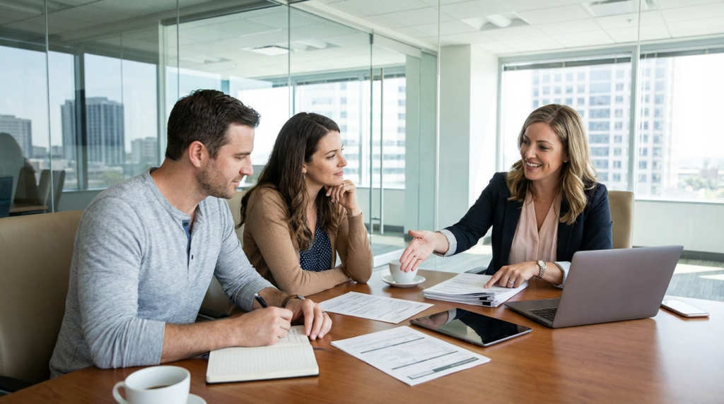 Couple meeting with mortgage lender for pre-approval