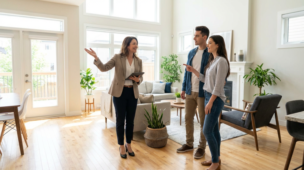 Real estate agent showing home interior to buyers