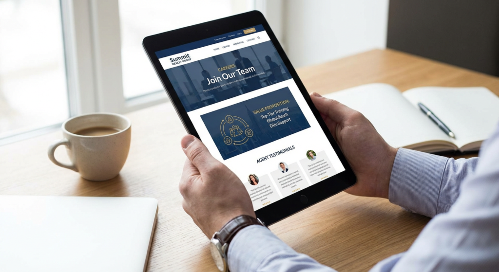 Professional viewing a brokerage careers page on a tablet