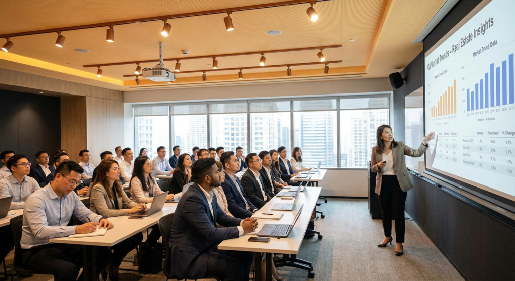 Real estate training workshop with presenter and engaged audience