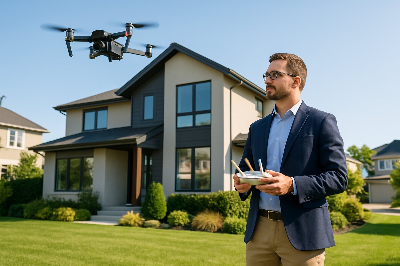 A real estate agent operating a camera drone in front of a modern house in a suburban neighborhood.