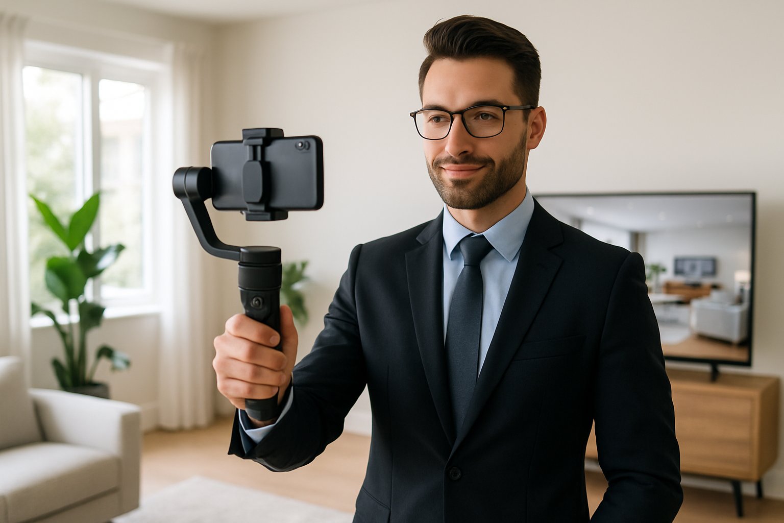 A real estate agent filming a video tour inside a modern, well-lit living room with a digital camera and a screen showing the house video in the background.