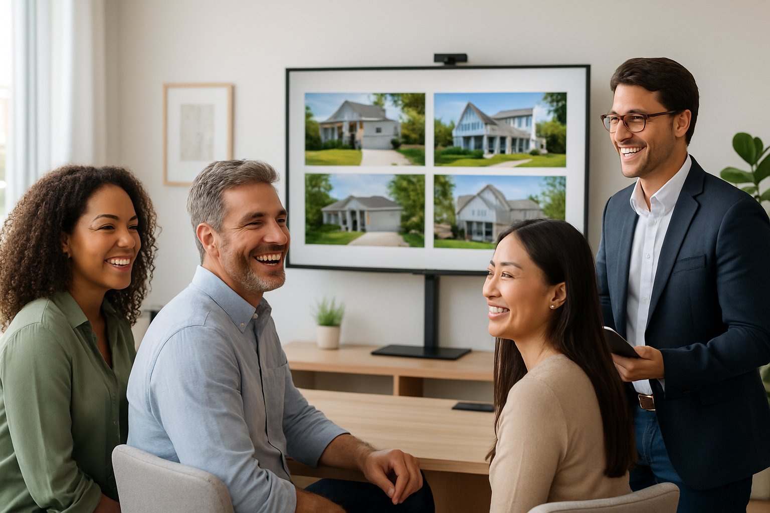 A real estate agent presenting a video to a group of happy clients in a modern office, with everyone smiling and engaged.