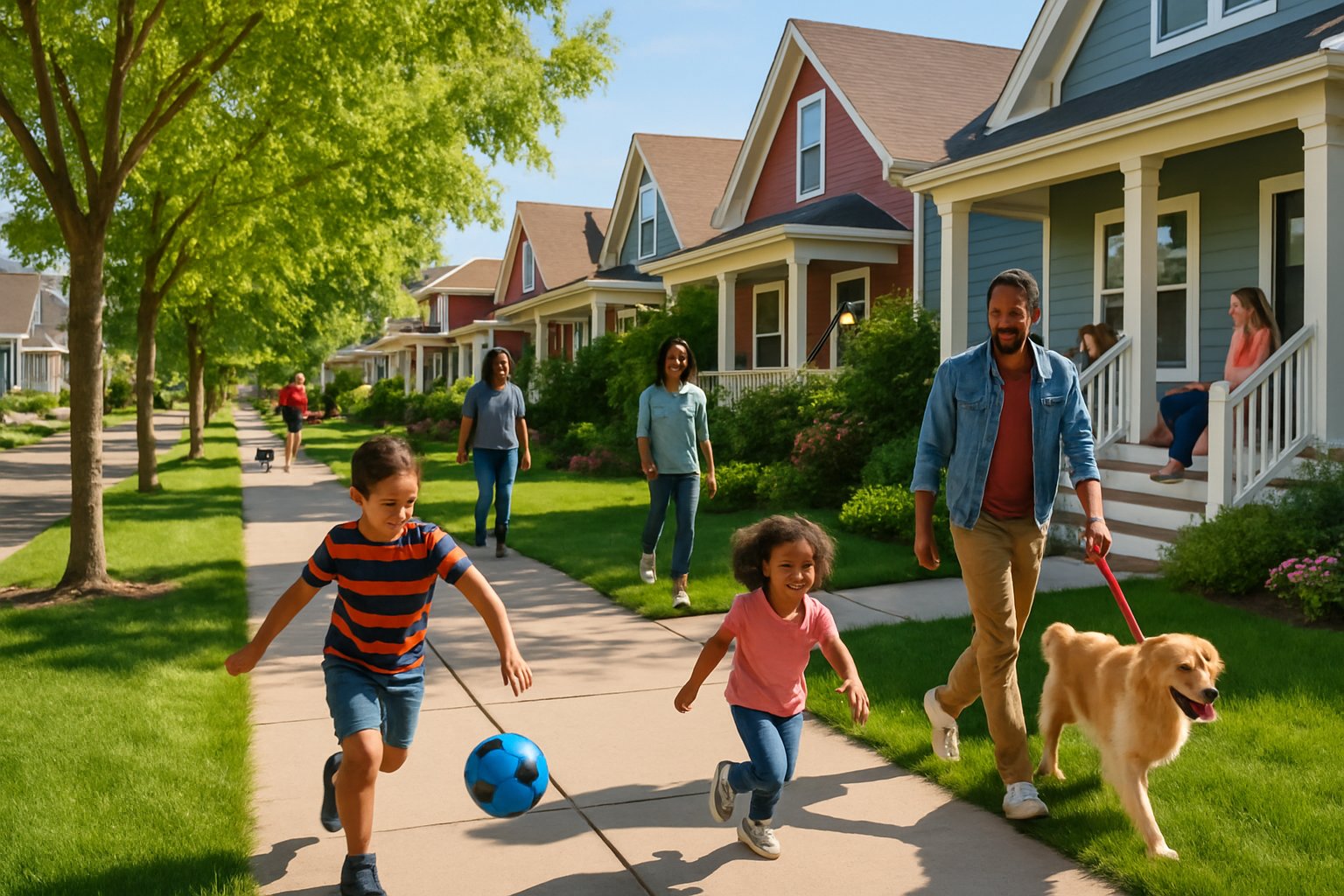 A sunny neighborhood with houses, tree-lined streets, and people interacting outdoors.