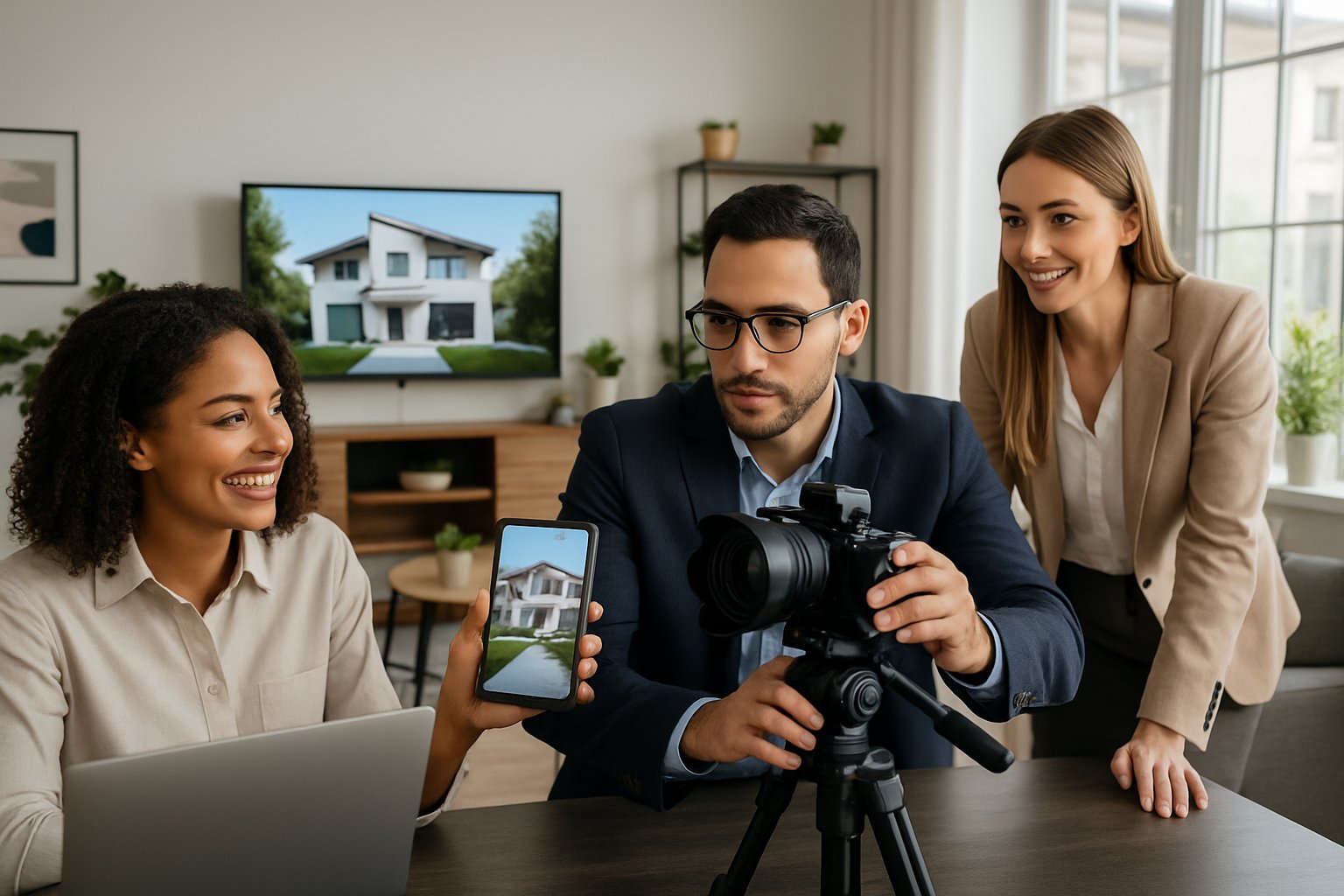 A team of real estate professionals working with video equipment in a bright, modern living room.