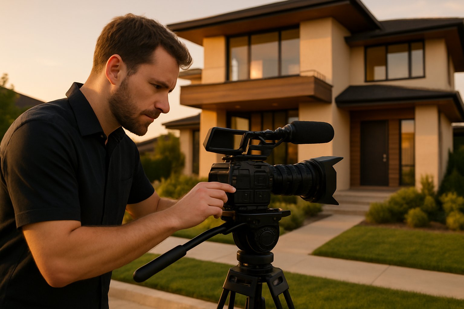 A person filming a modern house outdoors with a professional video camera on a tripod during sunset.