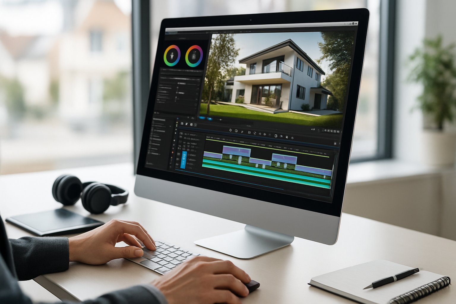 A person editing a real estate video on a computer in a bright office with video editing software visible on the screen.