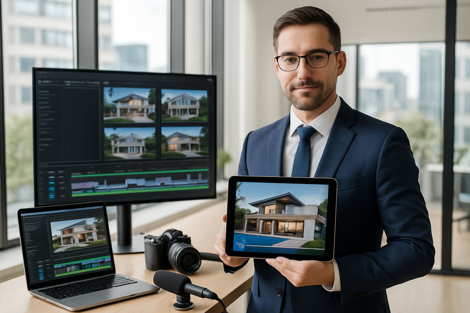 A real estate agent in an office holding a tablet showing a paused video of a luxury home, with video editing equipment and a large screen displaying video timelines in the background.