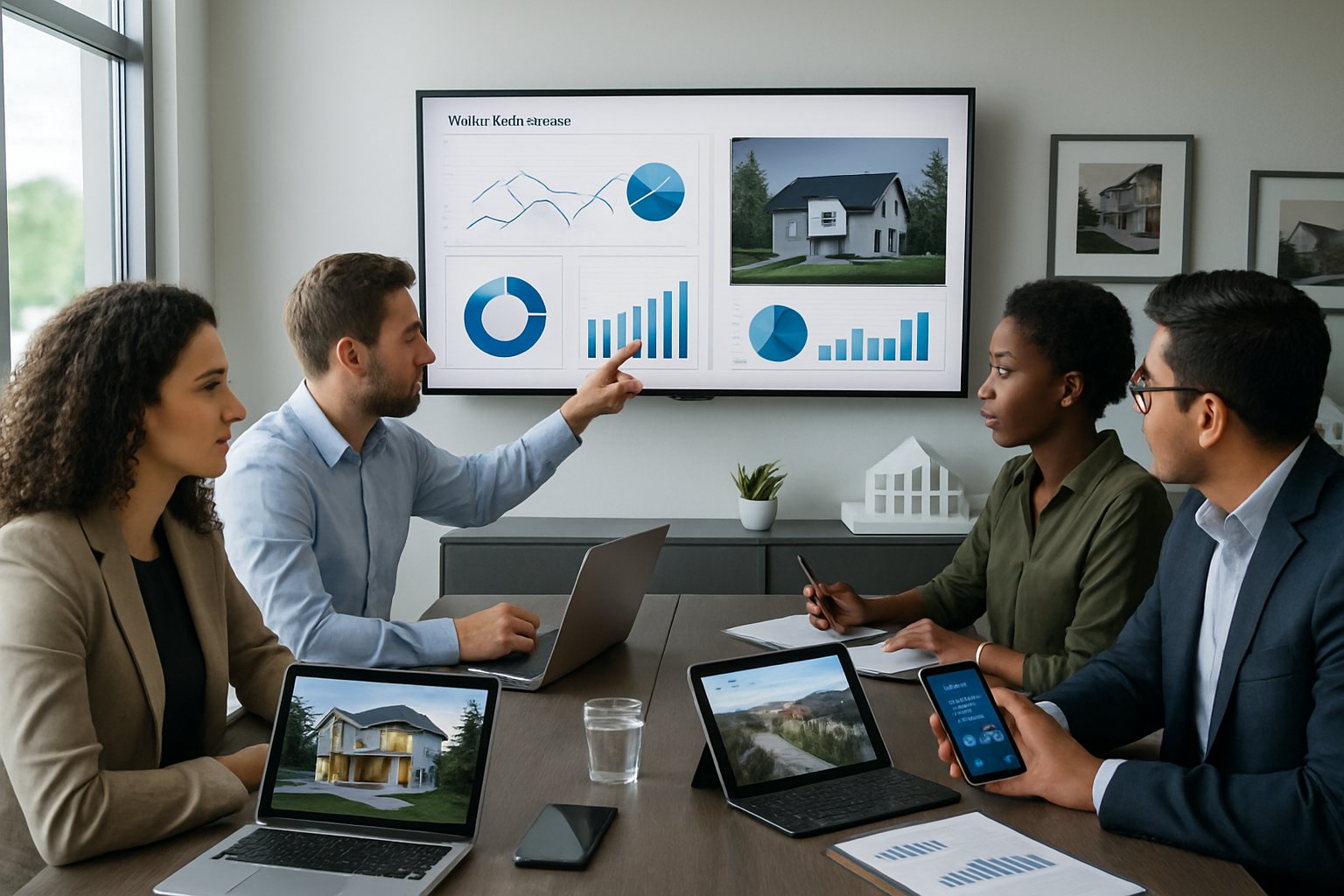 A team of professionals in an office reviewing video marketing performance charts and real estate content on multiple screens.