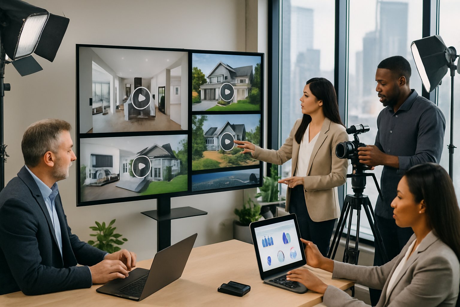 A group of real estate professionals collaborating around a large digital screen showing property videos in a modern office.