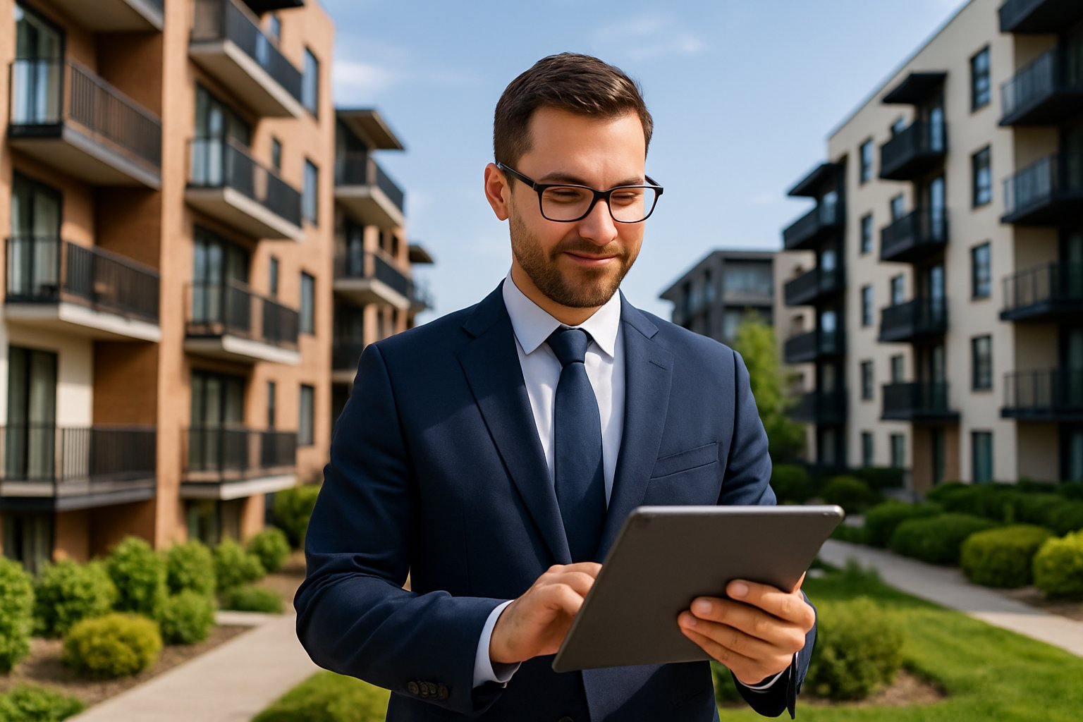 A property manager standing outside a residential building complex holding a tablet, with well-maintained buildings and landscaping in the background.