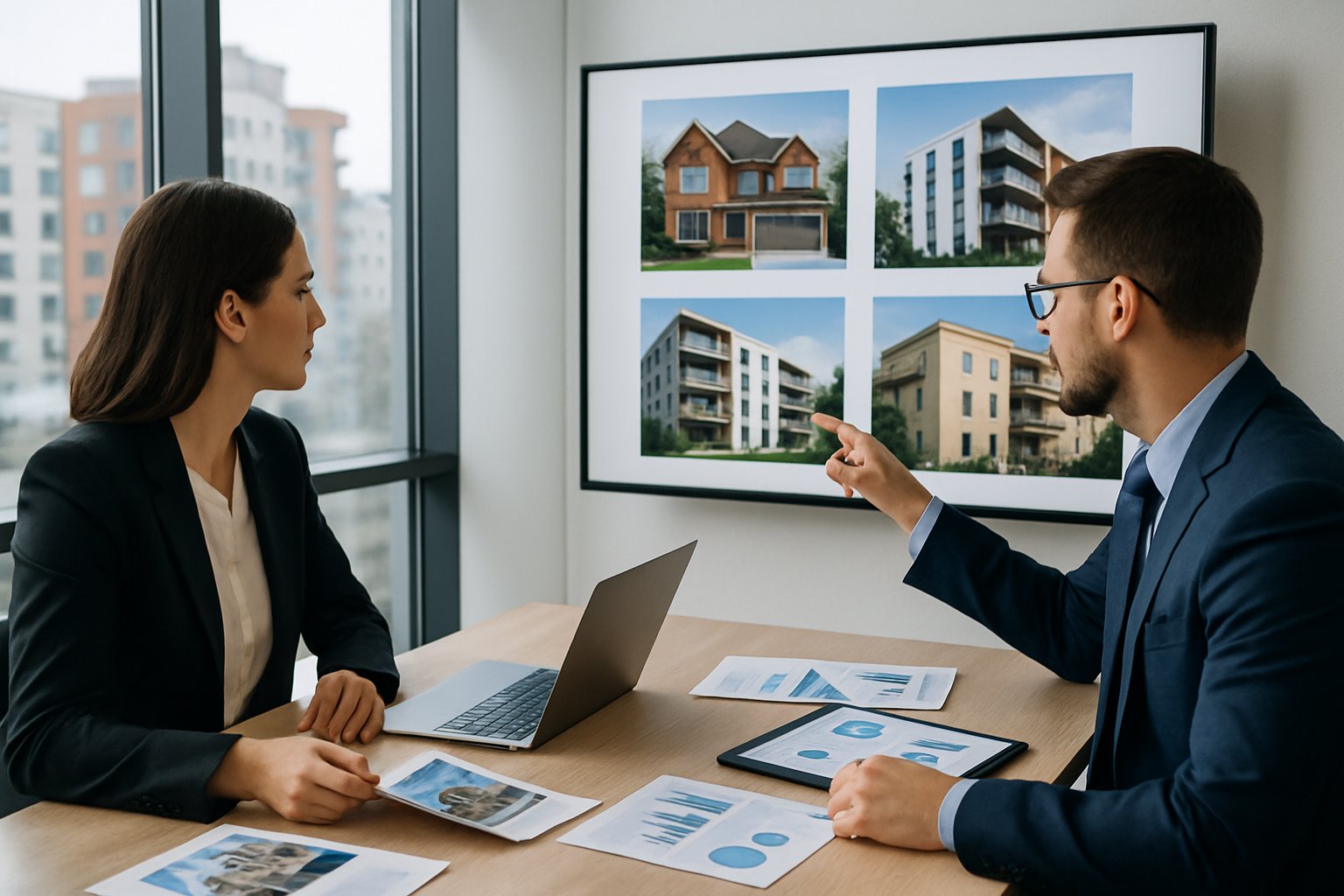 Two professionals reviewing property listings and marketing materials in a modern office with a city skyline visible through large windows.