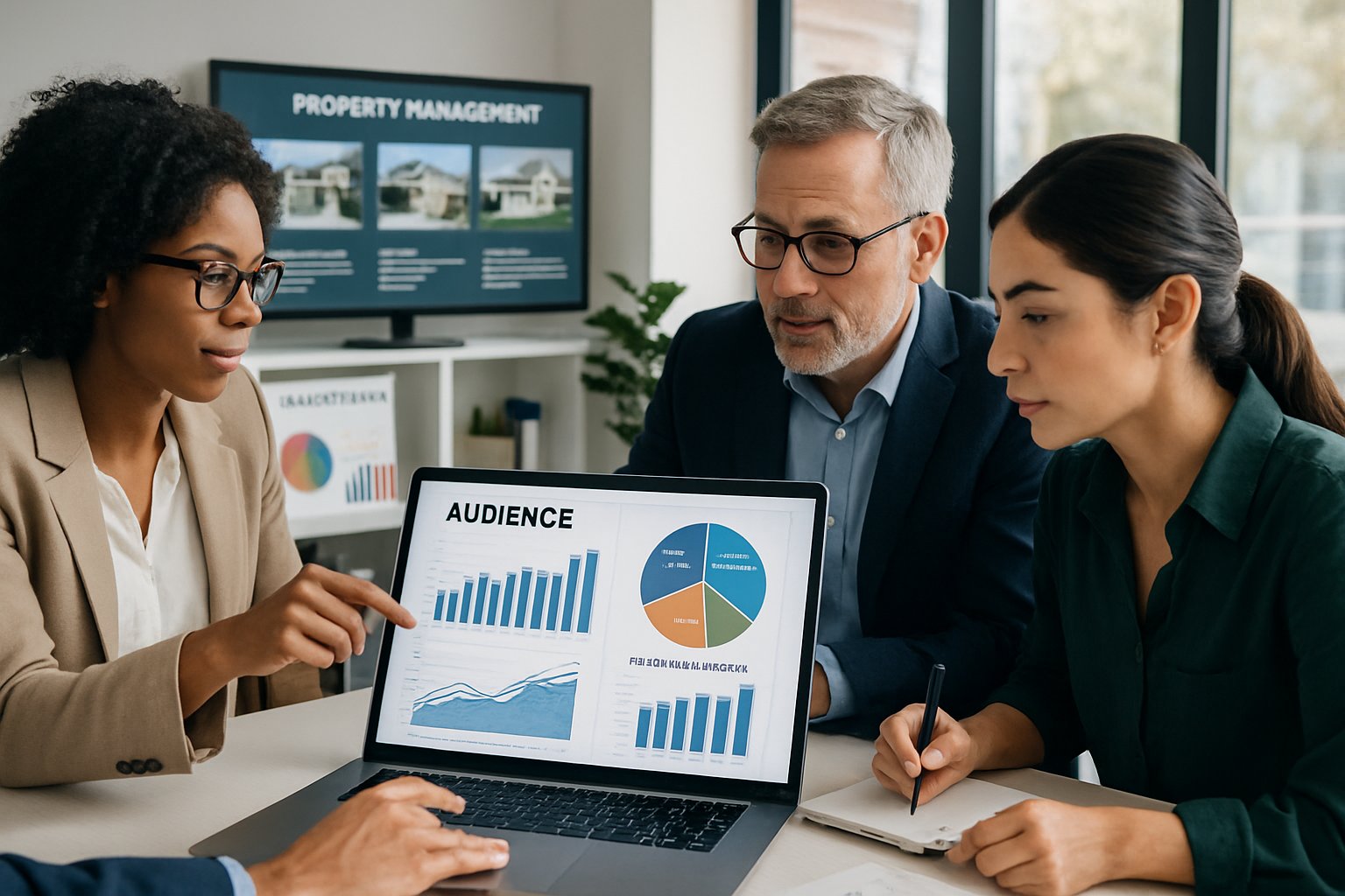 A group of professionals discussing marketing data in a modern office setting.