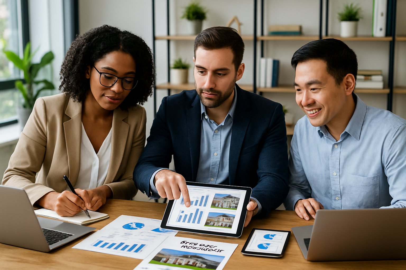 Three professionals collaborating around a table with laptops and marketing materials in a bright office.