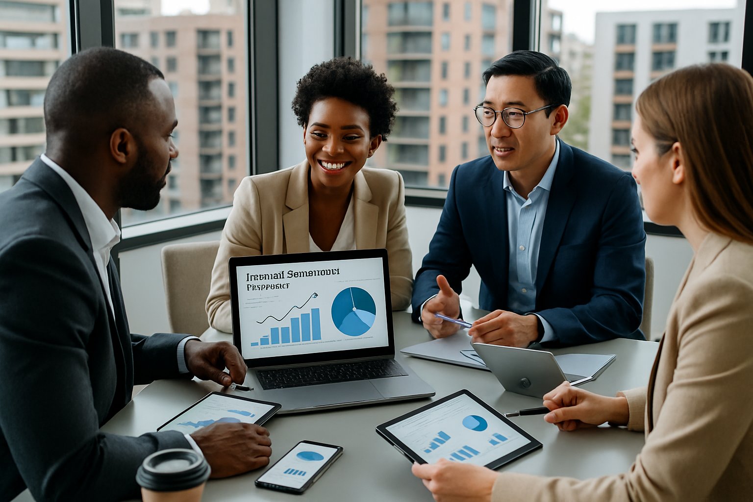 A group of professionals collaborating around a conference table with digital devices showing marketing data, with city buildings visible through large windows.