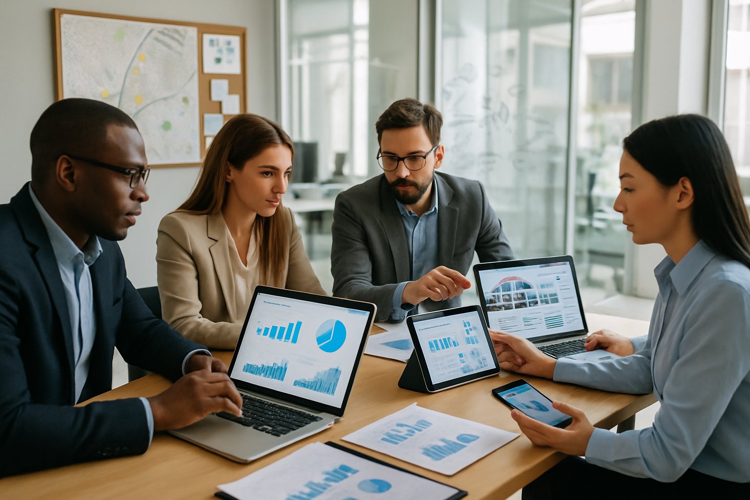 A diverse team of professionals collaborating in a bright office with laptops and digital devices displaying marketing data and property listings.