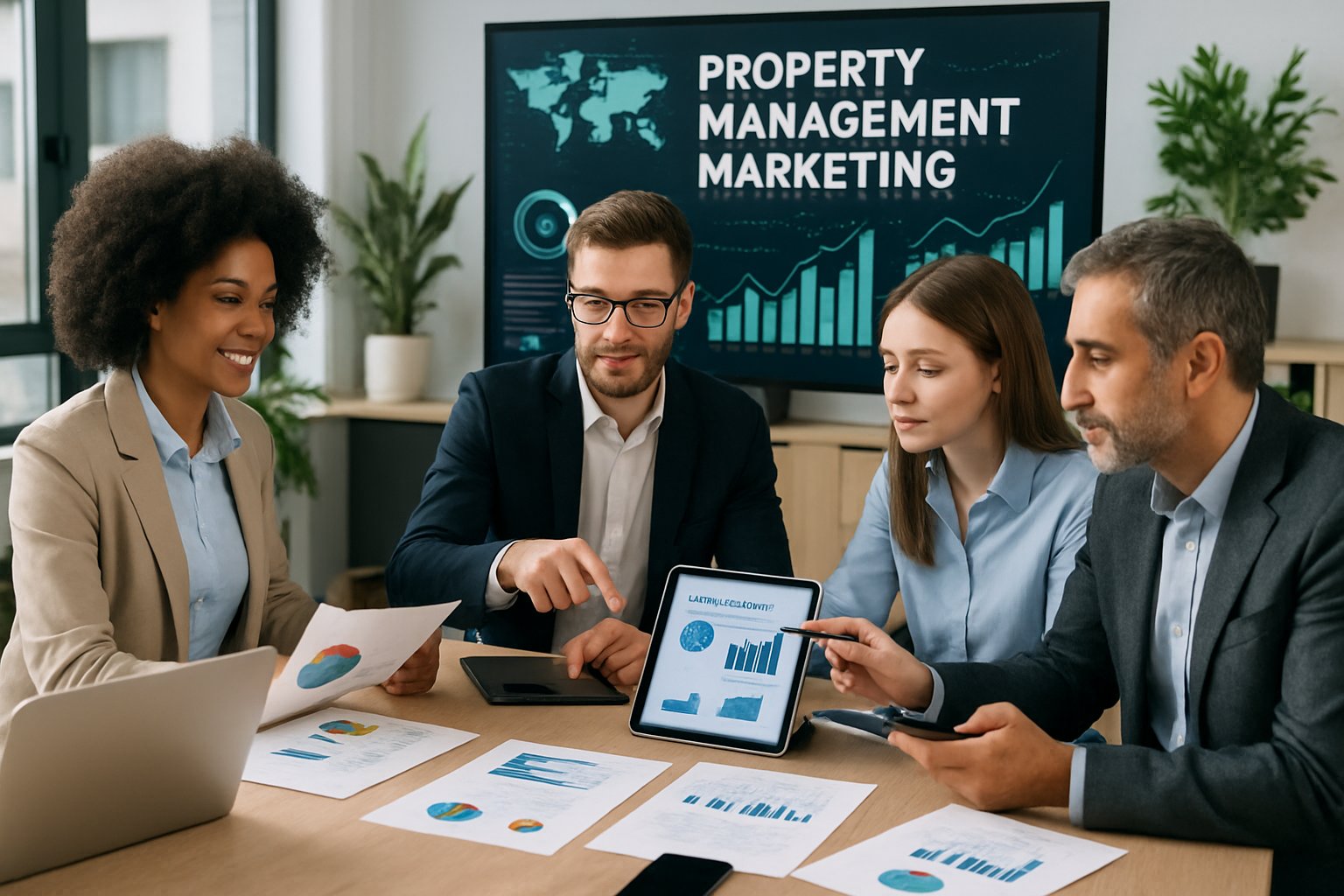 A group of professionals collaborating around a table with laptops and documents in a bright office setting.