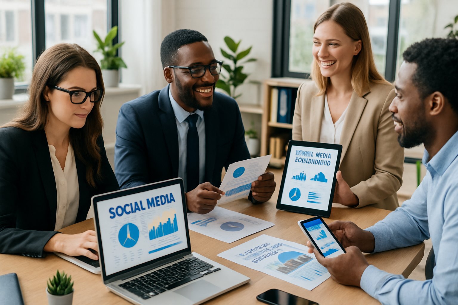 A group of professionals working together in an office with laptops and digital devices displaying marketing data.