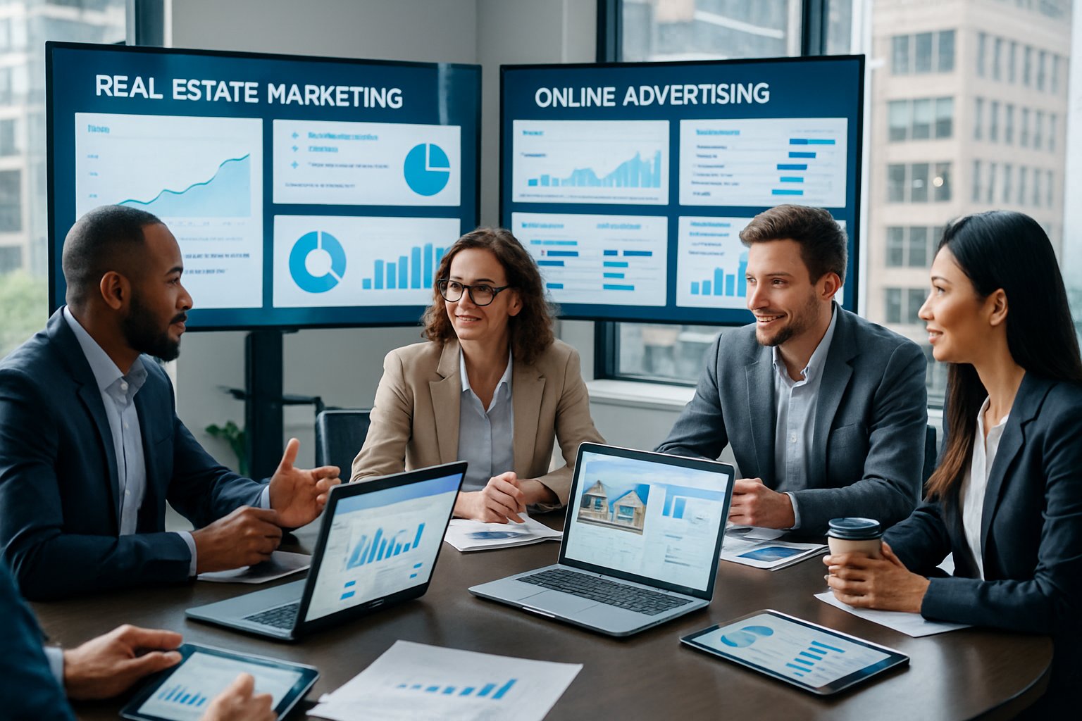 A group of business professionals collaborating around a conference table with digital devices showing real estate marketing data in a bright office.