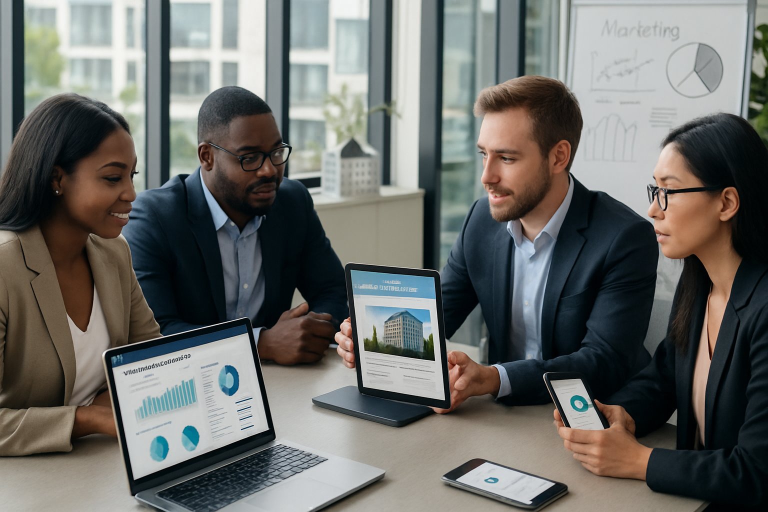 A group of business professionals working together around a table with laptops and tablets showing email marketing content in a bright office.