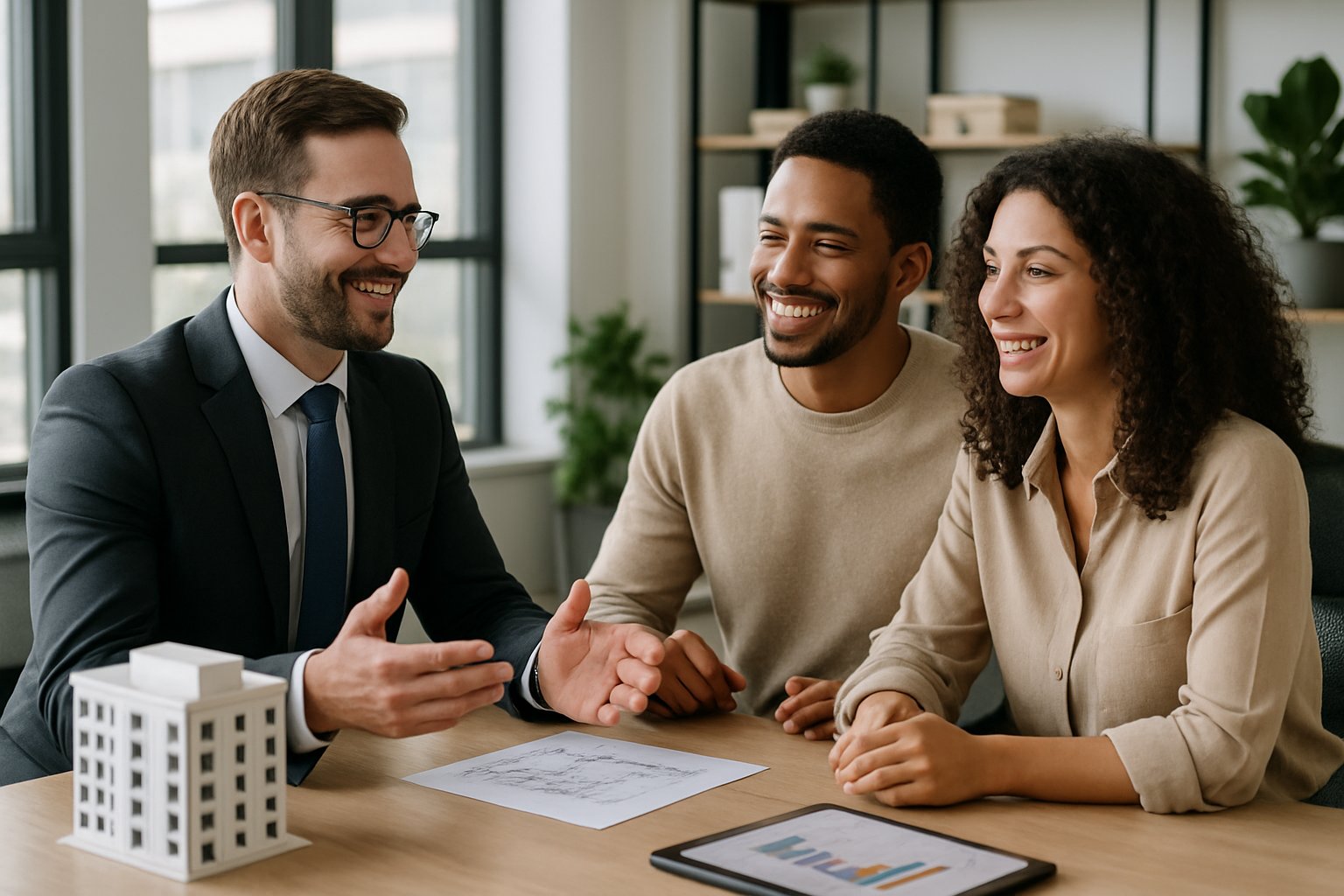 A property manager talking with happy clients in a bright modern office, showing a trusting and positive interaction.