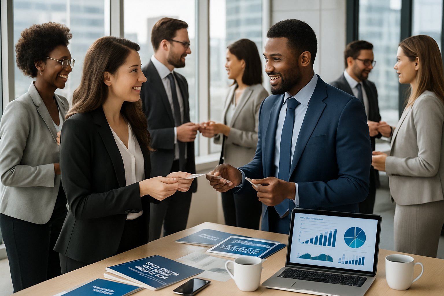 A group of business professionals networking and discussing marketing strategies in a modern office.