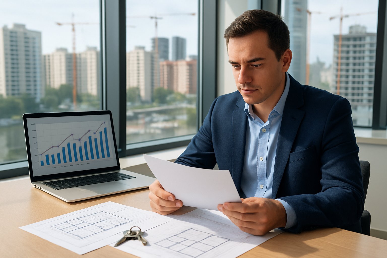 A businessperson reviewing property documents at a desk with a laptop, house keys, and blueprints, with a city skyline visible through large windows.