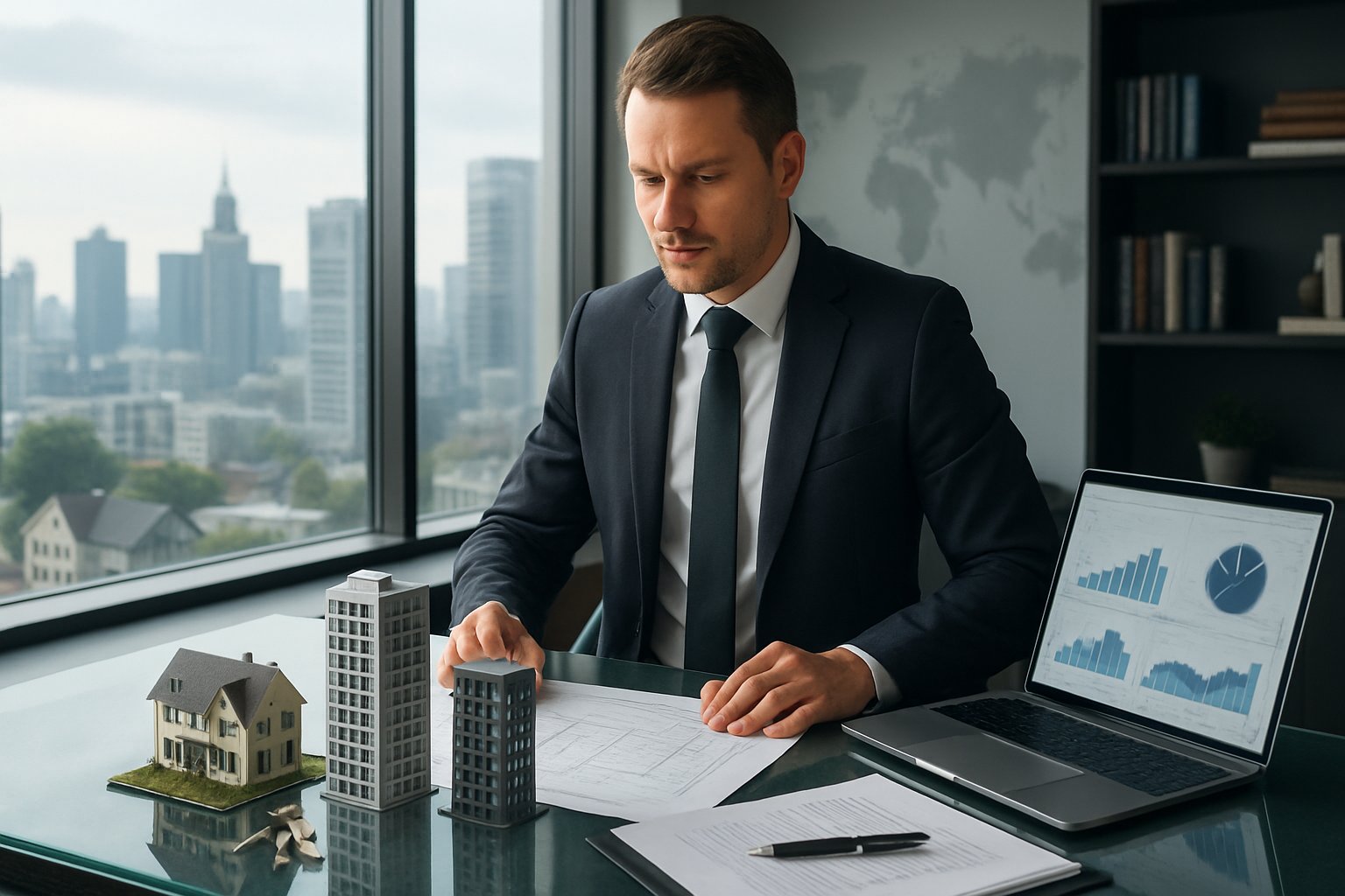 A businessperson in an office with city buildings visible through large windows, reviewing documents and financial charts related to real estate investing.