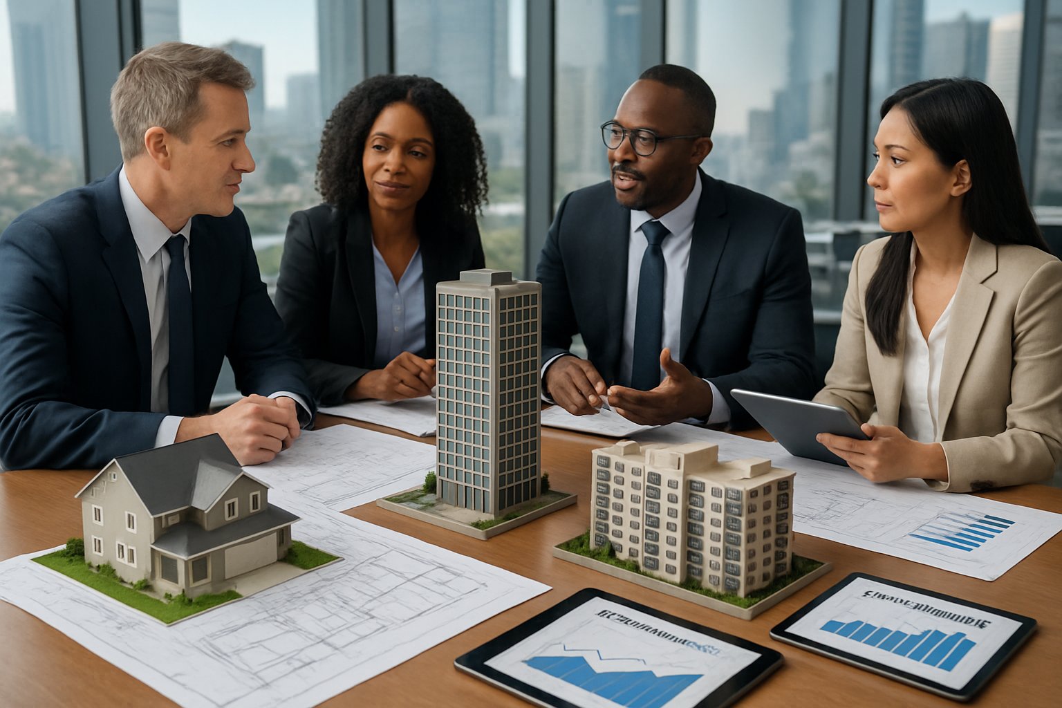 Business professionals discussing real estate investment plans around a table with property models and charts in an office with city skyline views.