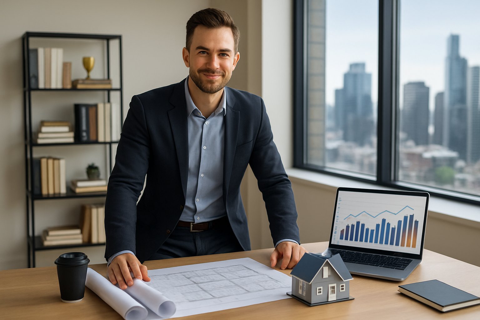 A businessperson standing in a bright office with real estate blueprints, a laptop showing market graphs, and a model house on the desk.