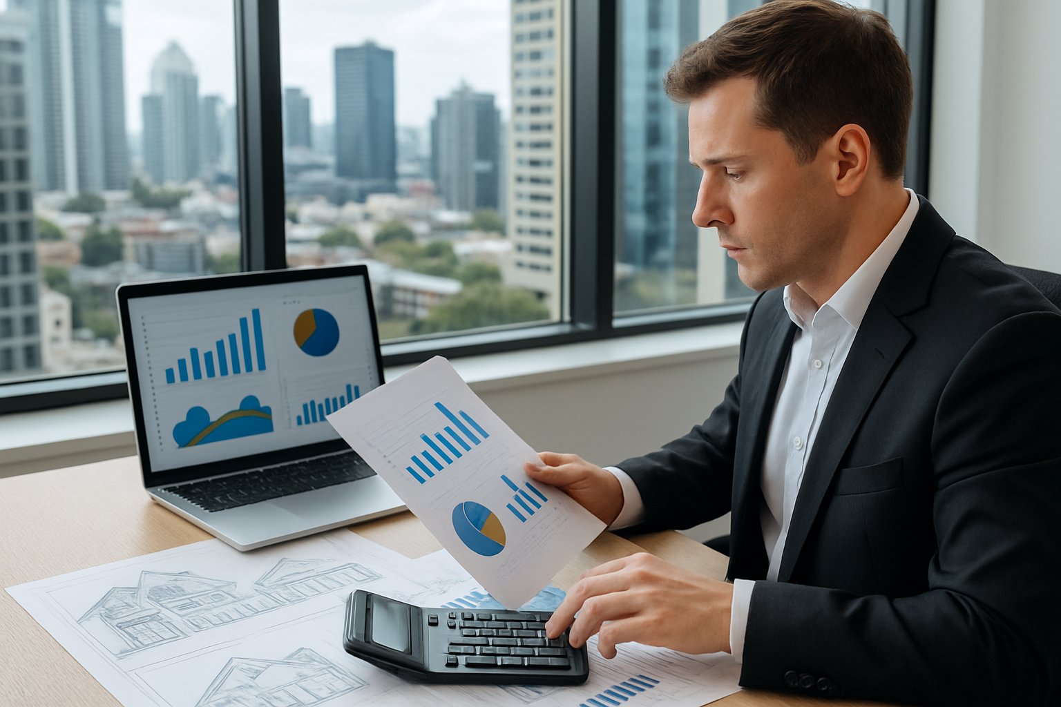 A person reviewing real estate investment documents and financial charts at a desk with a city skyline visible through large windows.
