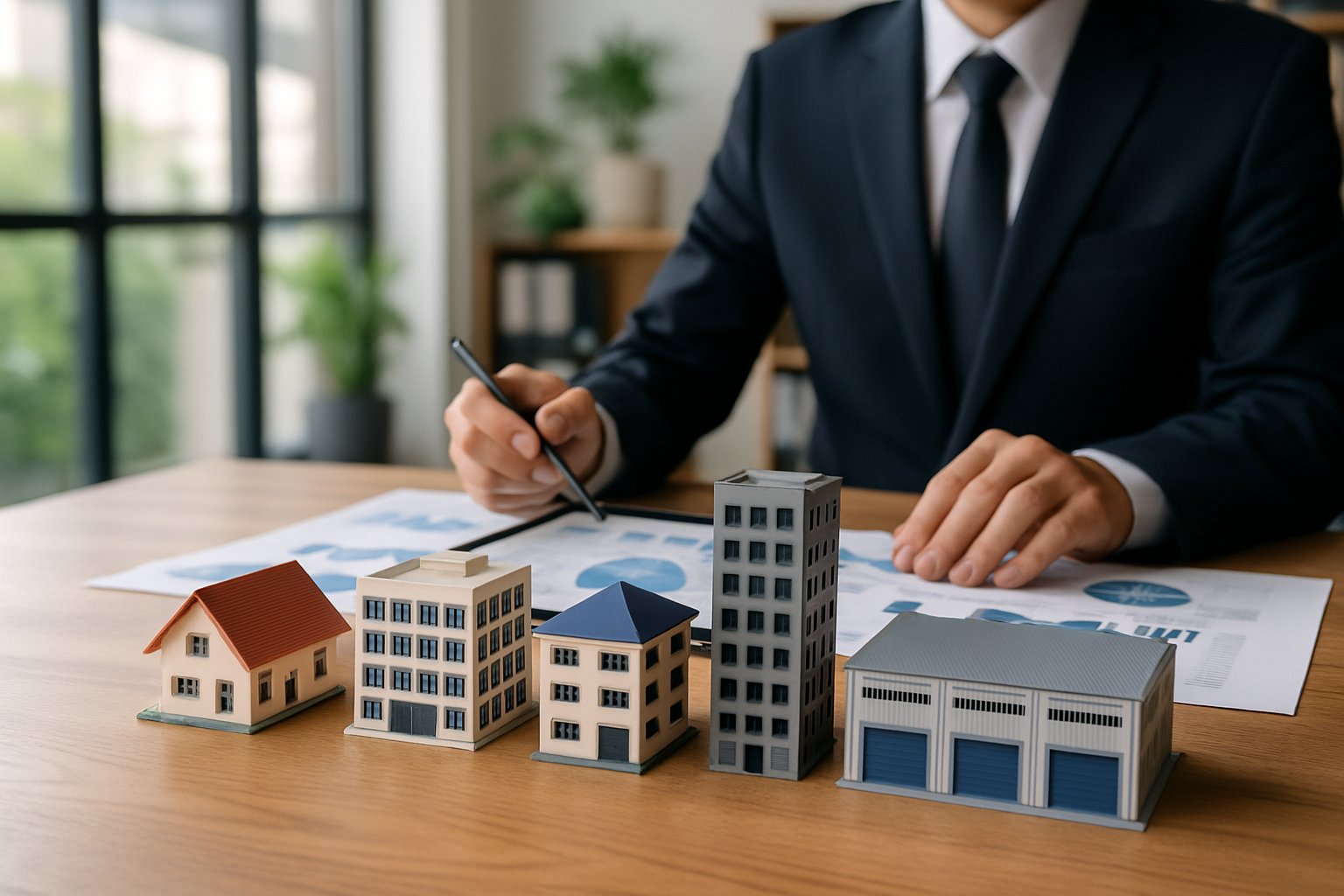 A businessperson reviewing real estate assets and financial charts in a modern office setting.