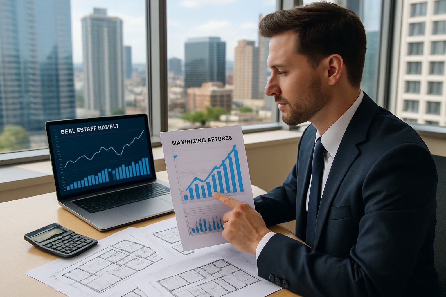 A person reviewing financial documents and property charts at a desk with a city skyline visible through large windows.