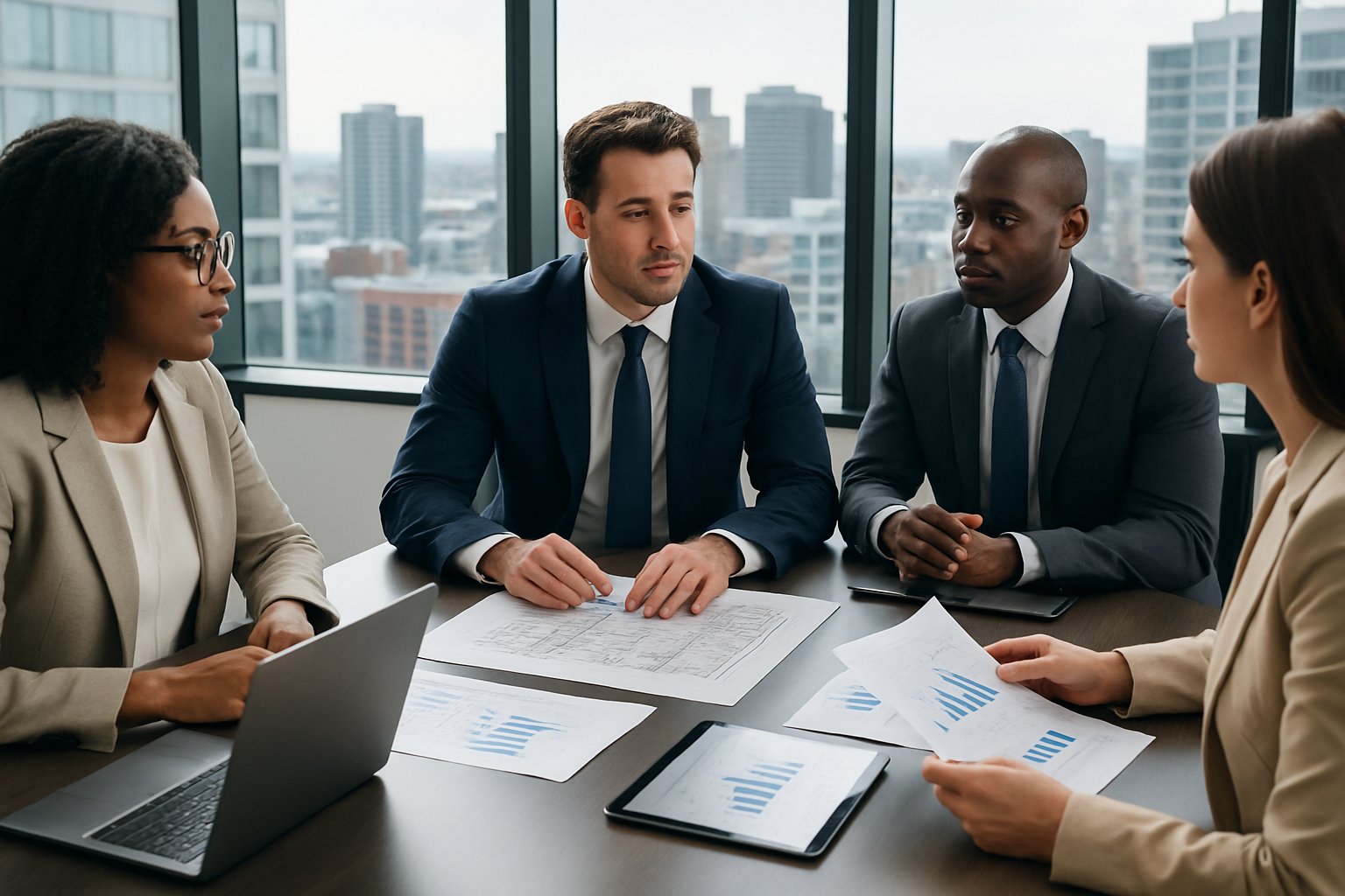 Business professionals collaborating in an office with city buildings visible through large windows.
