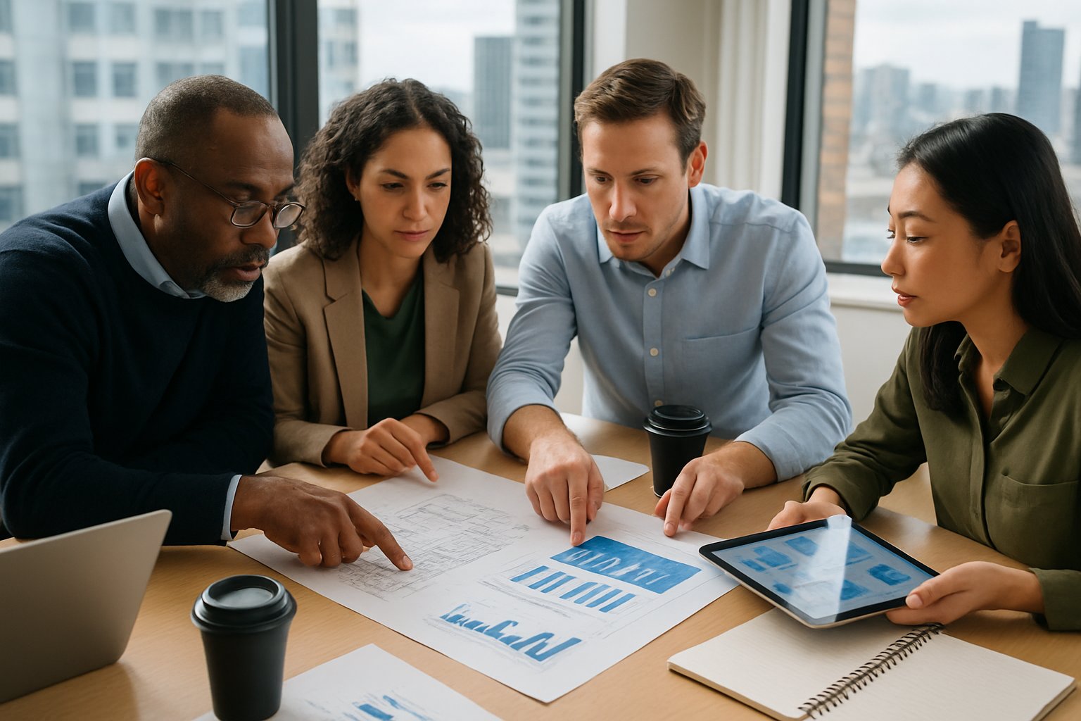 A group of professionals discussing real estate plans around a conference table with blueprints and digital devices in a bright office with a city view.
