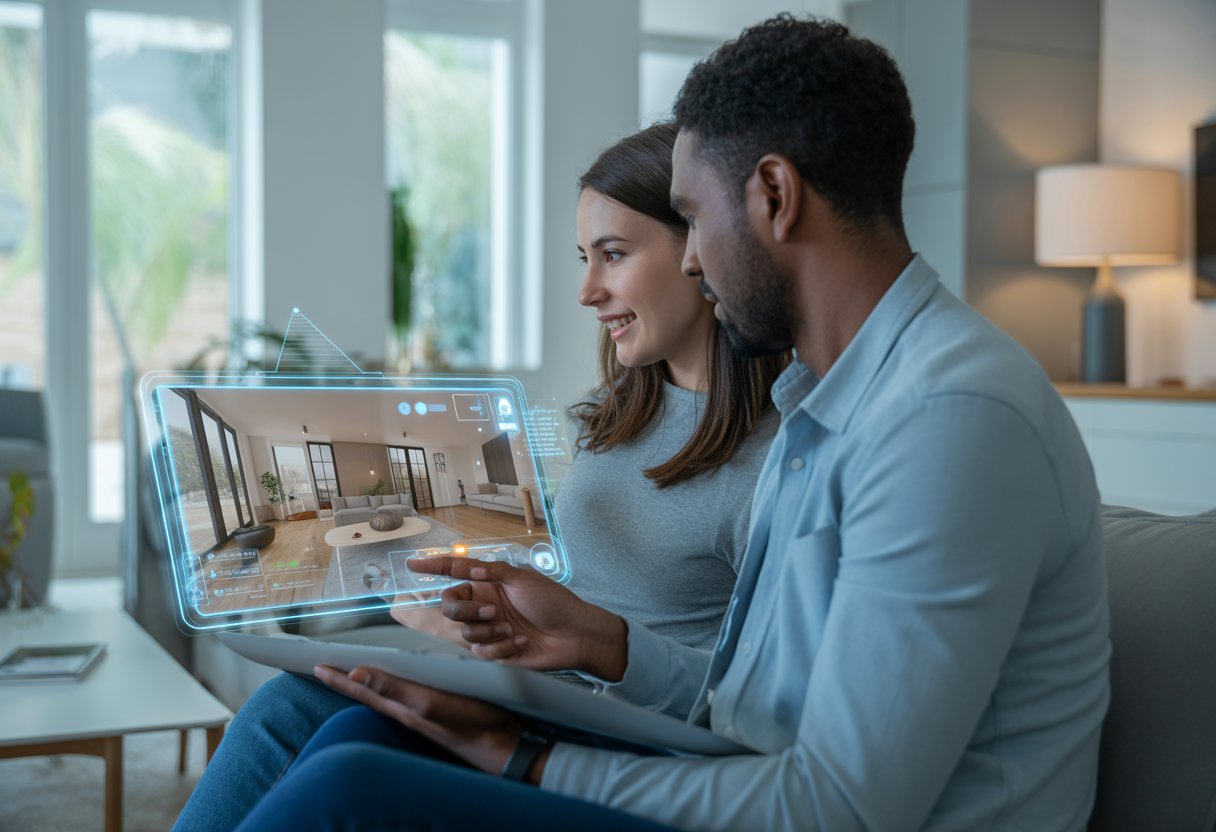 A couple using a tablet to explore a virtual 3D home tour in a modern living room.