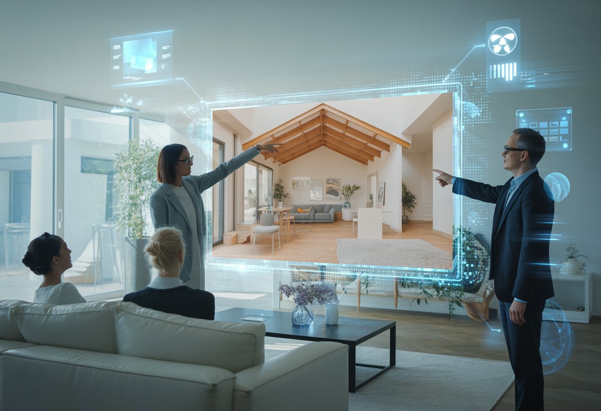 A group of professionals interacting with a 3D virtual home tour display in a modern living room with digital AI elements around them.
