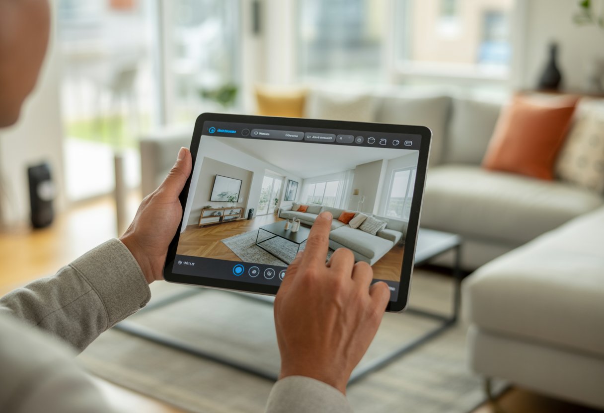 A person holding a tablet displaying a virtual home tour of a modern living room with large windows and contemporary furniture.