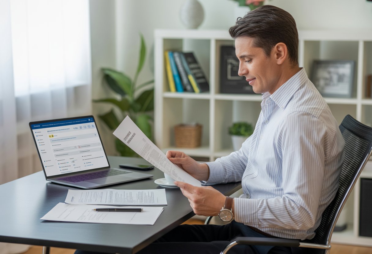 A landlord sitting at a desk reviewing tenant applications with a laptop and documents in a bright office.