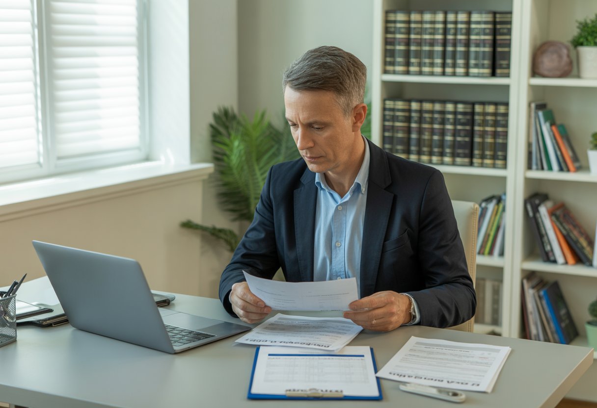 A landlord reviewing tenant applications and screening documents at a desk in a bright office.
