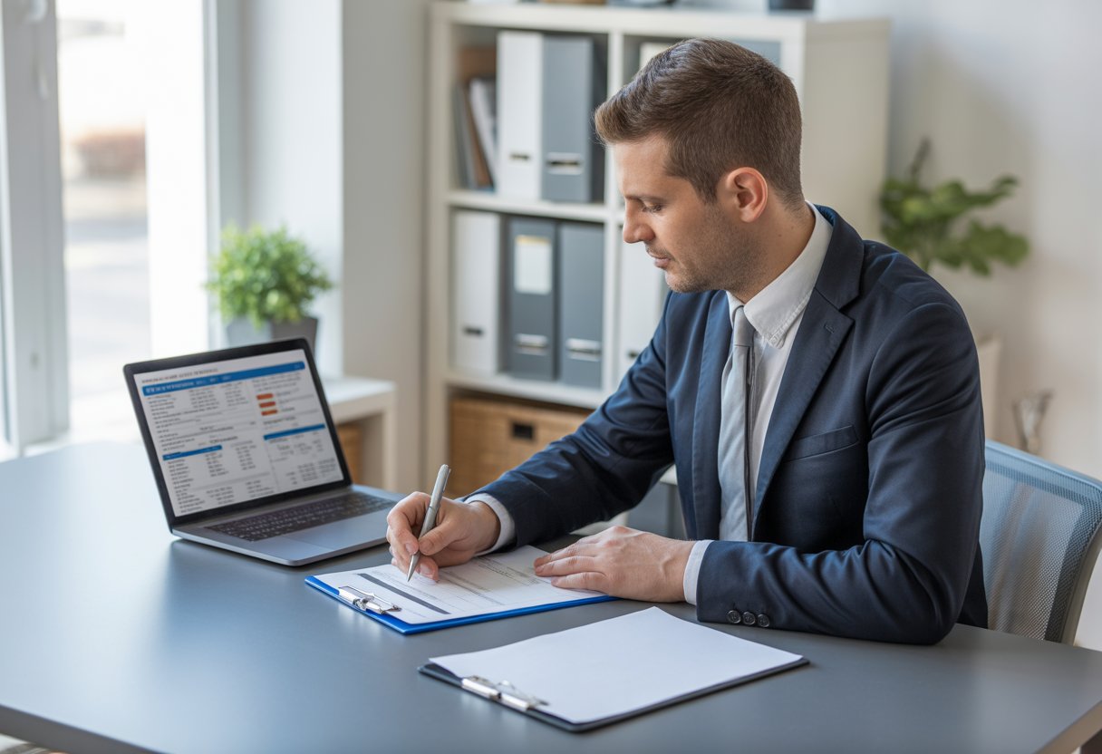 A landlord reviewing tenant application documents and credit reports at a desk in a modern office.