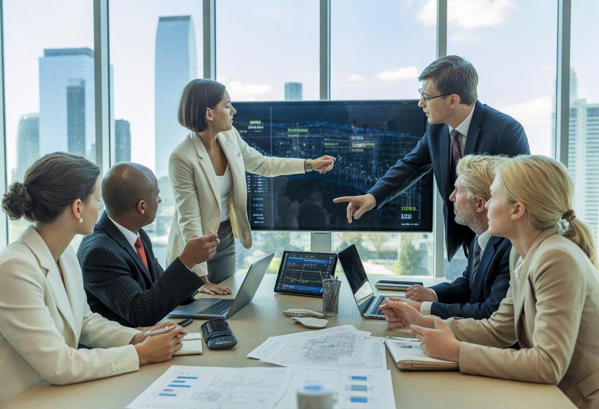 A group of business professionals discussing real estate investment in an office with laptops, documents, and a map of properties on a screen.