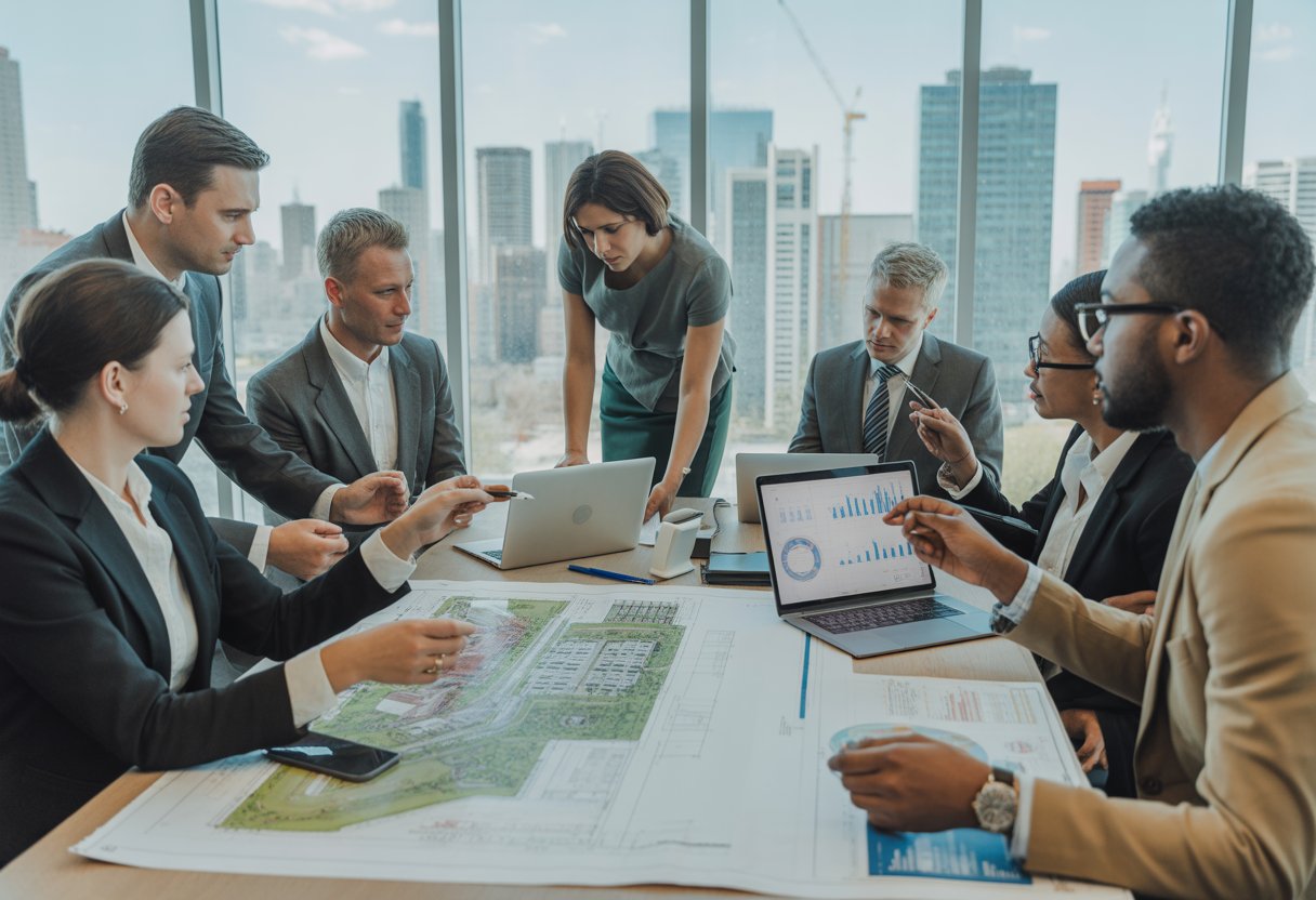 Business professionals discussing real estate plans around a table with blueprints and laptops, city skyline visible through large windows.