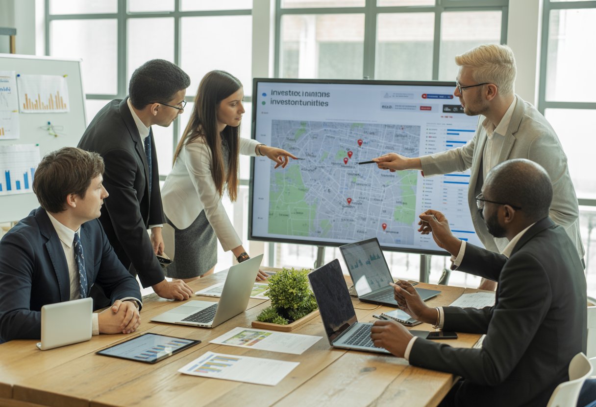 A group of people in an office reviewing property listings and a digital map with real estate locations marked.