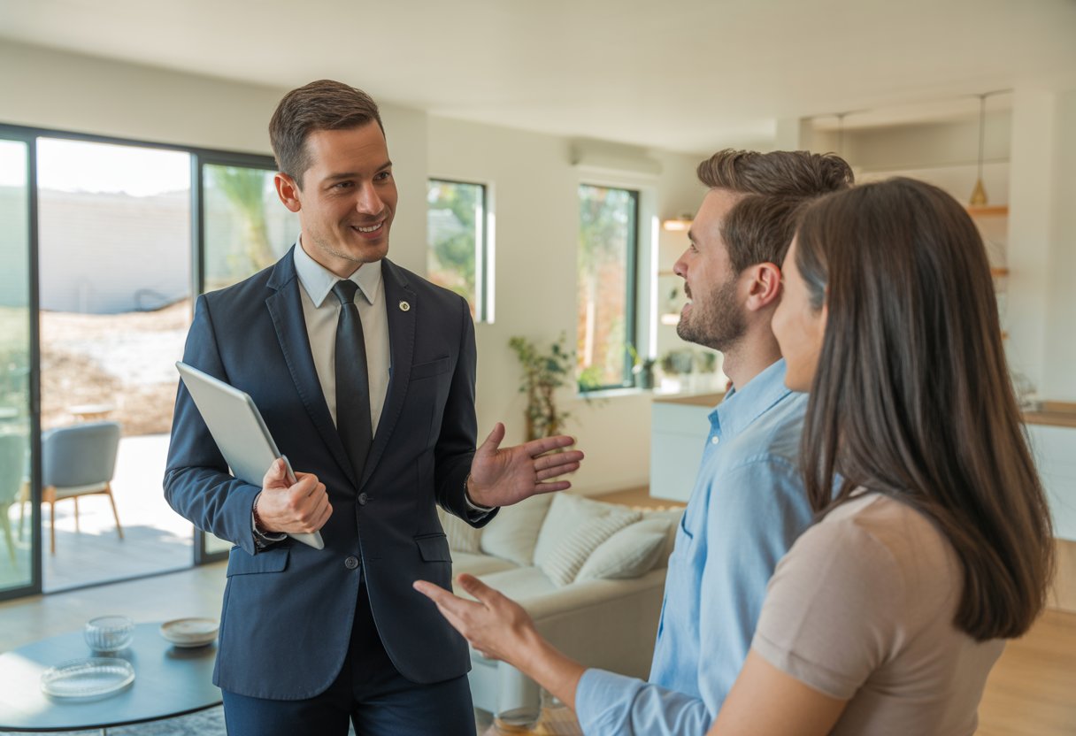 A real estate agent talking with a couple in a modern living room.