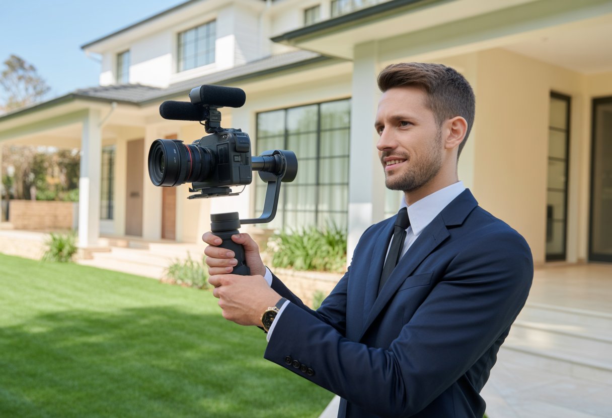 A real estate agent filming a video of a house with a camera outside a residential property.