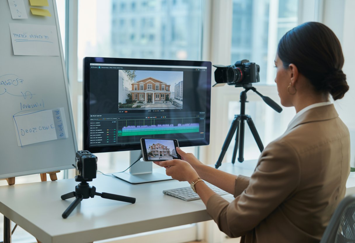 A real estate agent working on video marketing content on a computer in a bright office with a camera and whiteboard nearby.